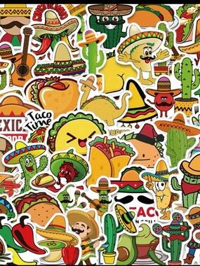 50 Mexican Fiesta Food Stickers Colorful Taco & Cactus Designs Sombreros Fun
